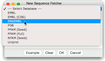 Database selection dialog with Ensembl sequence source tooltip