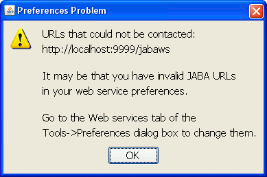 Web Services Invalid URL Warning dialog box