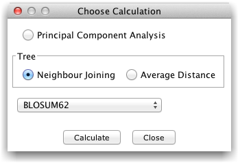 Alignment Calculations dialog box - opened via Calculations->Tree or PCA...