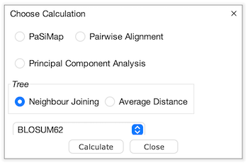 Alignment Calculations dialog box - opened via Calculations->Tree or PCA...