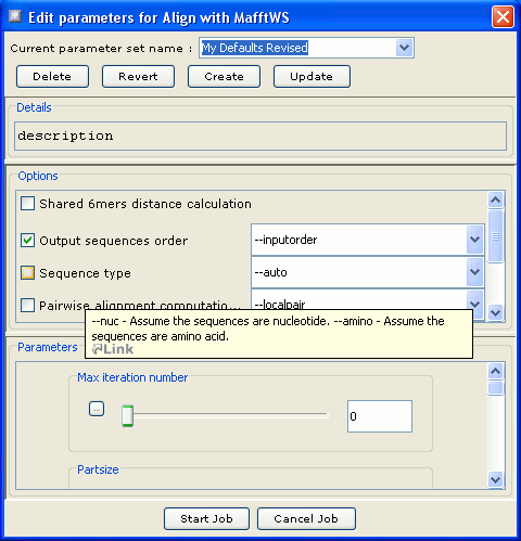 Analysis Parameters Dialog Box for JABAWS Services