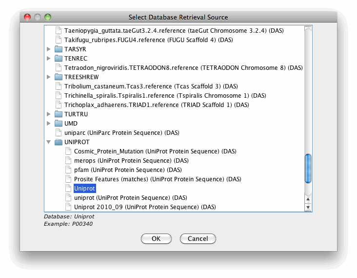 Database selection dialog for fetching sequences (introduced in Jalview 2.8)